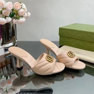 Hardware buckle decoration women slippers heeled mules leather stud-detailed Open-toe thick heel sandals luxury designer heels shoes factory footwear 34-42