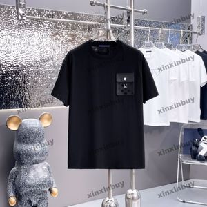 Xinxinbuy Men Designer Tee Tシャツ2024エンボスレザーポケット1854半袖コットン女性ブルーブラックホワイトグリーンカーキS-3xl