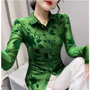 Camicette da donna Camicia da donna sottile stampa floccata di alta qualità Camicia da donna sottile autunno manica lunga Camicetta sexy in rete trasparente con risvolto Bottoni Top Blusas di lusso