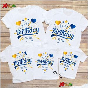 Família combinando roupas feliz aniversário camiseta azul ouro camisas mulheres festa nome personalizado crianças roupas de bebê olhar gota entrega garoto dhvnd