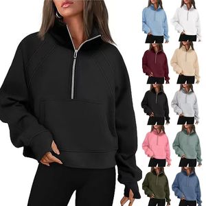 Kadınlar için lulu mahsul hoodies hoodies bayanlar lulu tüplü kapüşonlar büyük boy yarım zip kırpılmış sweatshirtler polar spor giyim cepleri ile başparmak deliği luluemens sonbahar