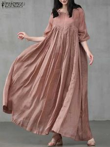 Urban Sexy Dresses Zanzea Vintage Summer Maxi Dress Womens Pleated Sundress Half Sleeve Long Vestidos Kvinnlig ojämnt Neck Robe Oversize Kaftan 240223