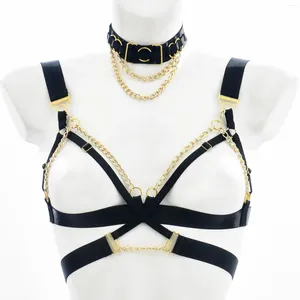 Set di reggiseni da donna Crop Top Harness Reggiseno Catena per il corpo Anello al collo Bondage Lingerie sexy Bretelle Halloween Goth elastico