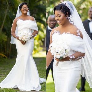 Aso Ebi Mermaid Wedding Dresses for Bride Plus Size Illusion Sheer Neck Long Sleeves Beaded Lace Oragnza Marriage Dress for African Nigeria Black Women Bride NW101