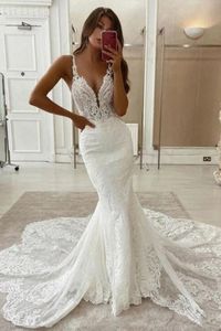 Bohemian Lace Mermaid Wedding Dresses Spaghetti Strap Soft Tulle Sexy Backless Long Bridal Gowns Sleeveless Boho Beach Bride Wedding Dress