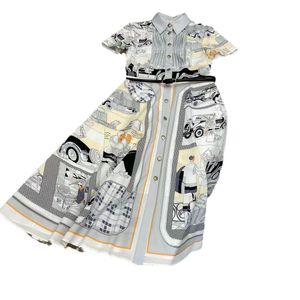 Runway 2024 Lapel Neck Short Sleeves Long Women Dress Designer Camera Print Vestidos De Festa with Belt 100% Cotton Dresses Dh22309