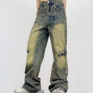 Mäns jeans mode lapptäcke hög midja retro smal blixtlås nödläge denim lastbyxor förlorar breda benbyxor