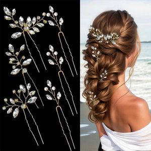 Hårklipp 6st U -formade pinnar gafflar Rhinestone Leaf Hairpins smycken Huvudstycke för brud bröllopsfest tillbehör