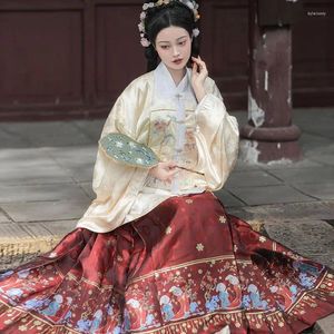 エスニック服ming hanfu collarフロントベストドレス刺繍大きなサイズブロ​​ケードゴールドメイクフラワーホースフェイススプリングチャイニーズトップ