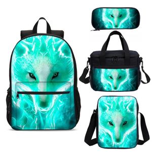 Sacos escolares Padrão de lobo verde 3D Imprimir mochila conjunto 4 pcs saco para criança estudante livro de volta para presente2438