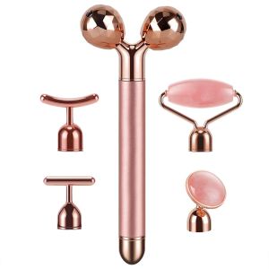 Rolo 5 em 1 24k ouro varinha de beleza massageador facial elétrico vibratório quartzo rosa 3d rolo de lifting facial gua sha rolo de jade