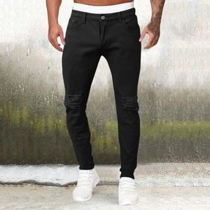 Мужские джинсы, повседневные спортивные однотонные классические эластичные узкие дырочки, обычные прямые чулки, оригинальные джинсовые брюки, крутые мужские брюки