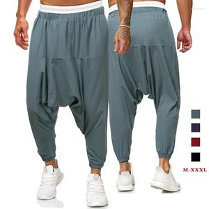 Calças masculinas moda algodão linho harem homens sólido cintura elástica streetwear corredores baggy drop-virilha calças casuais