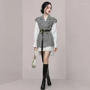 Work Dresses 2024 Spring Women Two Piece Set Houndstooth Vest Long Sleeve White Shirt Dress Suits Autumn High End Ladies Vestidos