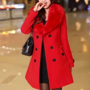 Blends Women Winter Jackets Christmas Coats Female 2023 Casual Korean Fashion Slim Faux Fur Wool Jacket Double Breasted Red White Coat