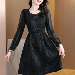 Casual Kleider Koreanische Elegante Quadratische Kragen Midi Kleid Weibliche Kleidung Stilvolle Jacquard Weben Perlen Frühling Herbst Chic A-Linie Taille