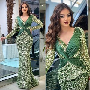 Fashion Mermaid Women Evening Dresses V Neck Long Sleeves Prom Gowns Sequins Dress For Party Custom Made robe de soiree