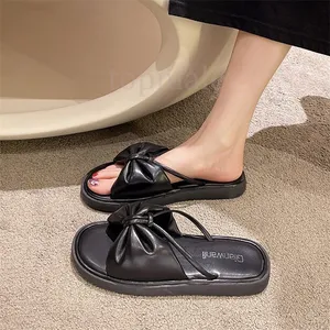 Cute bow designer slides platform slippers womens sandals flat bottoms rubber summer ladies flip flop slide Black