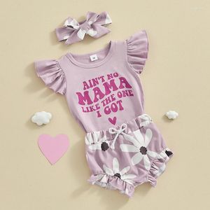 Zestawy odzieży Baby Girl Letni strój marszczyzny Romper Letter Print Bodysuit Tops Shorts Floral Bloomer