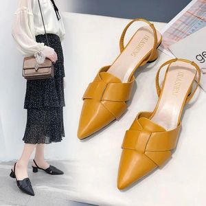 Sandals 35-40 Summer Yellow/Green/Black/Beige Pointed Toe Women Fashion Beige Square Heel Shoes Casual Sweet Party High Heels