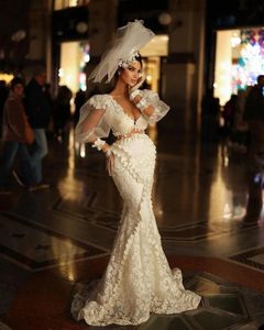 Elegant Ivory Mermaid Wedding Dresses Illusion Lantern Sleeve Bridal Gown Custom Made Fashion Lace