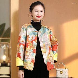 Etniska kläder Jacquard Phoenix Peony Tang kläder långärmad jacka kvinnor kinesisk stil vintage knapp ner Hanfu cheongsam