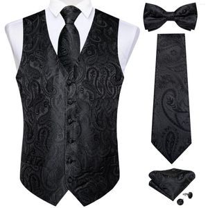 Herrenwesten, klassisches schwarzes Paisley-Westen-Set für Hochzeit, Party, Business, modisch, V-Ausschnitt, Weste, Krawatte, Fliege, Taschentuch, Manschettenknopf