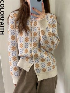 Women's Knits Colorfaith SWC9183JX 2024 Vintage Wild Floral Korean Fashion Knitting Cardigans Women Autumn Winter Elegant Sweaters Tops