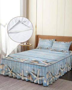 Bed Skirt Beach Starfish Blue Wooden Texture Elastic Fitted Bedspread With Pillowcases Mattress Cover Bedding Set Sheet