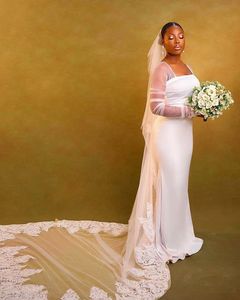 African Strapless Wedding Dresses Mermaid Long Sleeve Vestidos de Noiva White Crepe Bridal Gown Robes de mariee with Sleeve Sweep Train