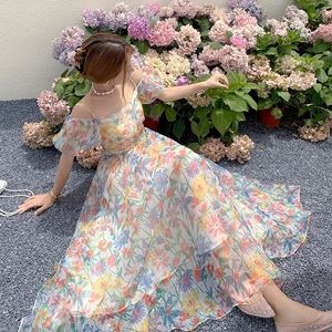 女性のための夏の花柄の肩長いドレス甘いパフスリーブ薄いショルダーストラップ女性のためのエレガントな新しいドレス240223