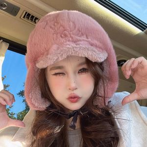 Berets Cute Pink Bomber Hats For Women Autumn And Winter Warm Ear Protection Versatile Simple Outdoor Cold Fashion Ski Cap