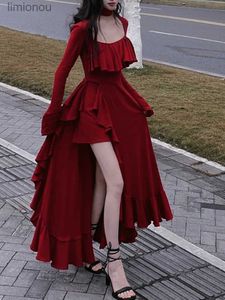 Urban Sexy Dresses Autumn Red Vintage Elegant Dress Women Flare Sleeve Designer Sweet Long Dress Female Ruffles Retro Princess Irregular Dress 2023 240223