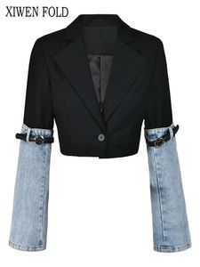 Xiwen Fashion Womens Denim Patchwork Blazer notched Collar Single Button Långärmad Autumn Short Suit Jackor XF596 240219