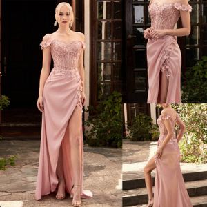 Requintado sexy uma linha vestidos de noite lado split rosa renda applique frisado vestidos varredura trem vestidos de noche formal vestido de baile l24199