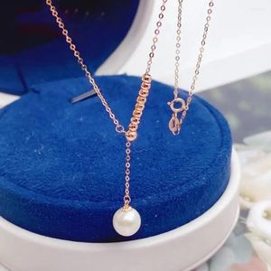 Pendants Real Pure 18K Rose Gold Chain Women Lucky Laser Bead 7-7.5mm Pearl O Link Adjust Necklace