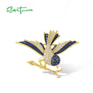 Gioielli SANTUZZA Spilla in argento per donna Genuino argento sterling 925 Rondine Uccello Animale Spinello verde Pietra blu Regalo carino Gioielleria raffinata