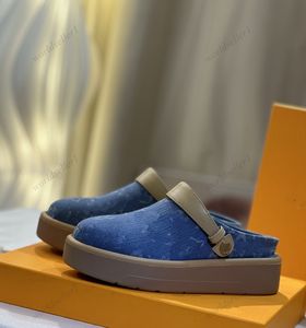 Aspen plataforma tamanco azul denim sola de borracha sola feminina tamanco designer sandálias forro de pele carneiro casal chinelos carta sandálias grande