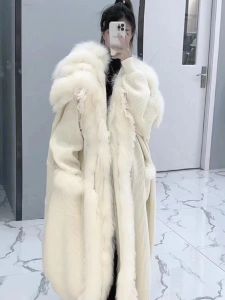 Образец меха, женский полосатый воротник из натурального лисьего меха, свободный длинный халат, пальто с карманами, зимнее теплое новое модное плащ-пончо, вязаная уличная одежда