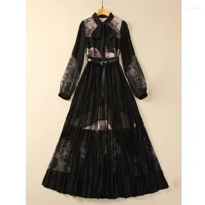 Casual Dresses 2024 Women Clothes Black Lace Overlay Tie Bow Collar Long Sleeve Ankle Length A Line Brand Dress With Leather Belt S-XXL