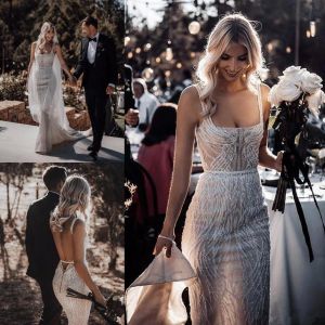 Sukienki Berta Mermaid Square Szyjka koronkowe cekiny koraliki seksowne plecy plażowa sukienka ślubna Sweet pociąg ślubny suknie ślubne boho vestidos de