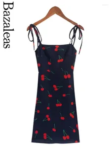 Casual Dresses 2024 Bazaleas Sexig Justera spaghettiremmar Summerklänning Söt körsbärstryck Navy Mini Elegant Women's