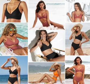 Kvinnors badkläder solid svart twist hög midja bikini set baddräkt för kvinnor sexig v-ringning tank två stycken 2024 strandbaddräkt