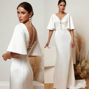 .Elegant satynowa syrena sukienki ślubne Sheer V Neck krótkie rękawe suknie ślubne koraliki Backless Train Szczupły suknia ślubna