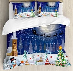 Bedding Sets Christmas Duvet Cover Winter Season Snowman Xmas Tree Santa Sleigh Moon Present Boxes Snow And Stars Room Decoration Children