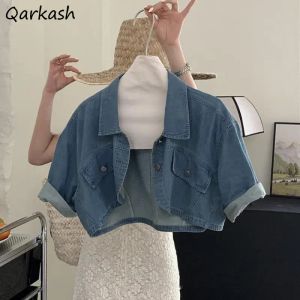 Jackor denim jackor kvinnor kort ärm gröda vintage koreanska modekläder streetwear amerikansk hip hop skarvade knappar ren tonåringar