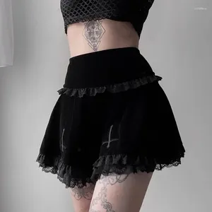 Skirts Y2k Skirt Dark Cross Embroidered Lace Suede Goth Mall Gothic Women Vintage Harajuku High Waist