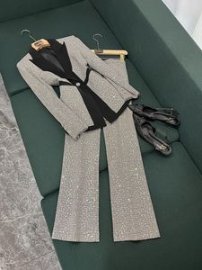 Spring Black Contrast Color Sequins Sets Sleeve Notched Lapel Panelled Blazers Top Long Pants Set Two Piece Suits O J