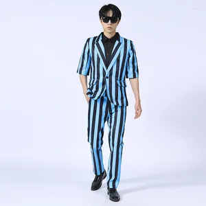 Stage Wear Male Blue Stripe Costume Hip Hop Clothes Nightclub Suit Street Dance Bar Gogo Dancer Performance Clothing VDB7750