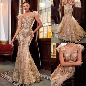 Exquisite Mermaid Evening Dresses Golden Lace Sequined Applique Beading Gowns Sweep Train Vestidos De Noche Formal Prom Dress L24202